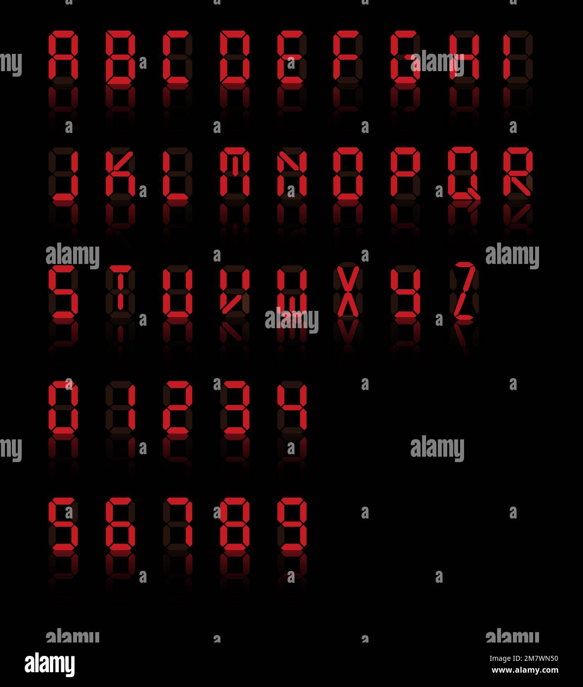 Police numérique. Les lettres et les chiffres du réveil sont isolés sur fond noir. Illustration vectorielle. SPE 10. Illustration de Vecteur
