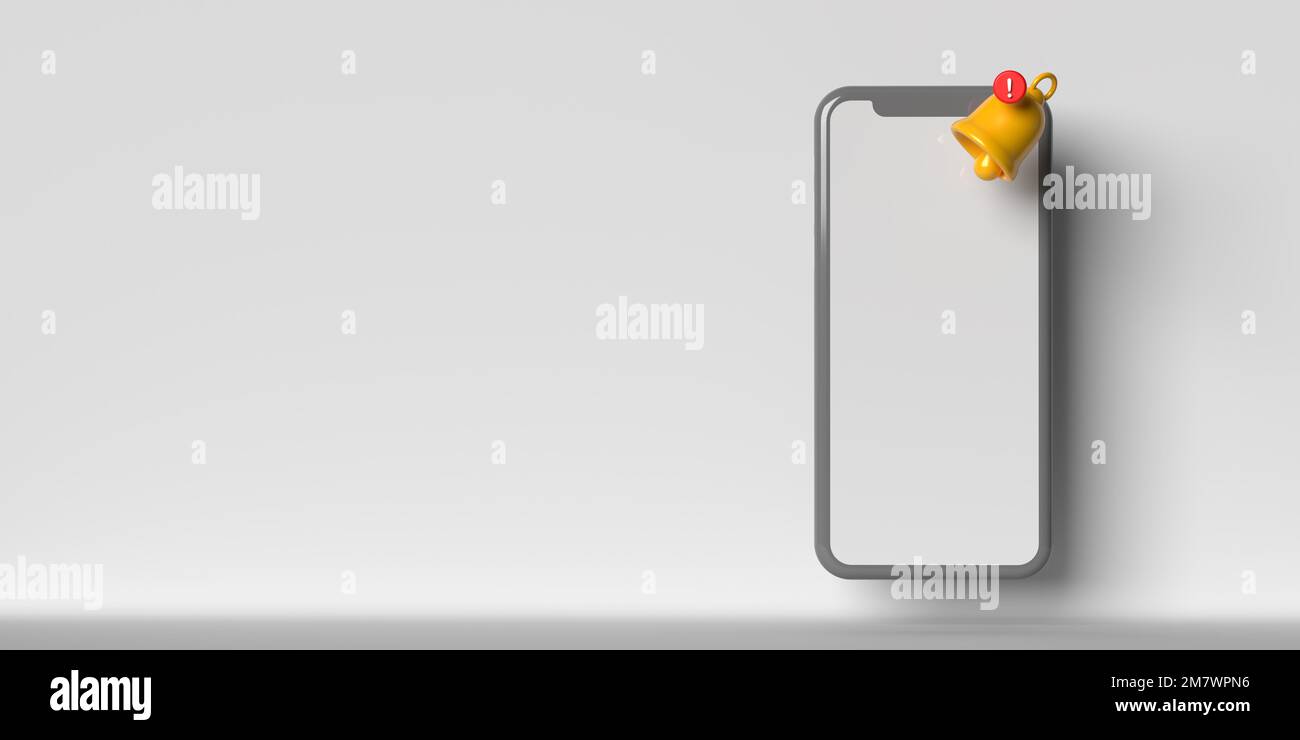 Illustration d'une cloche de rappel avec un point d'exclamation sur un écran de téléphone portable vierge et réaliste. 3D affiche une alarme de notification, une alerte par e-mail ou un avertissement Banque D'Images Illustration d'une cloche de rappel avec un point d'exclamation sur un écran de téléphone portable vierge et réaliste. 3D affiche une alarme de notification, une alerte par e-mail ou un avertissement Banque D'Images