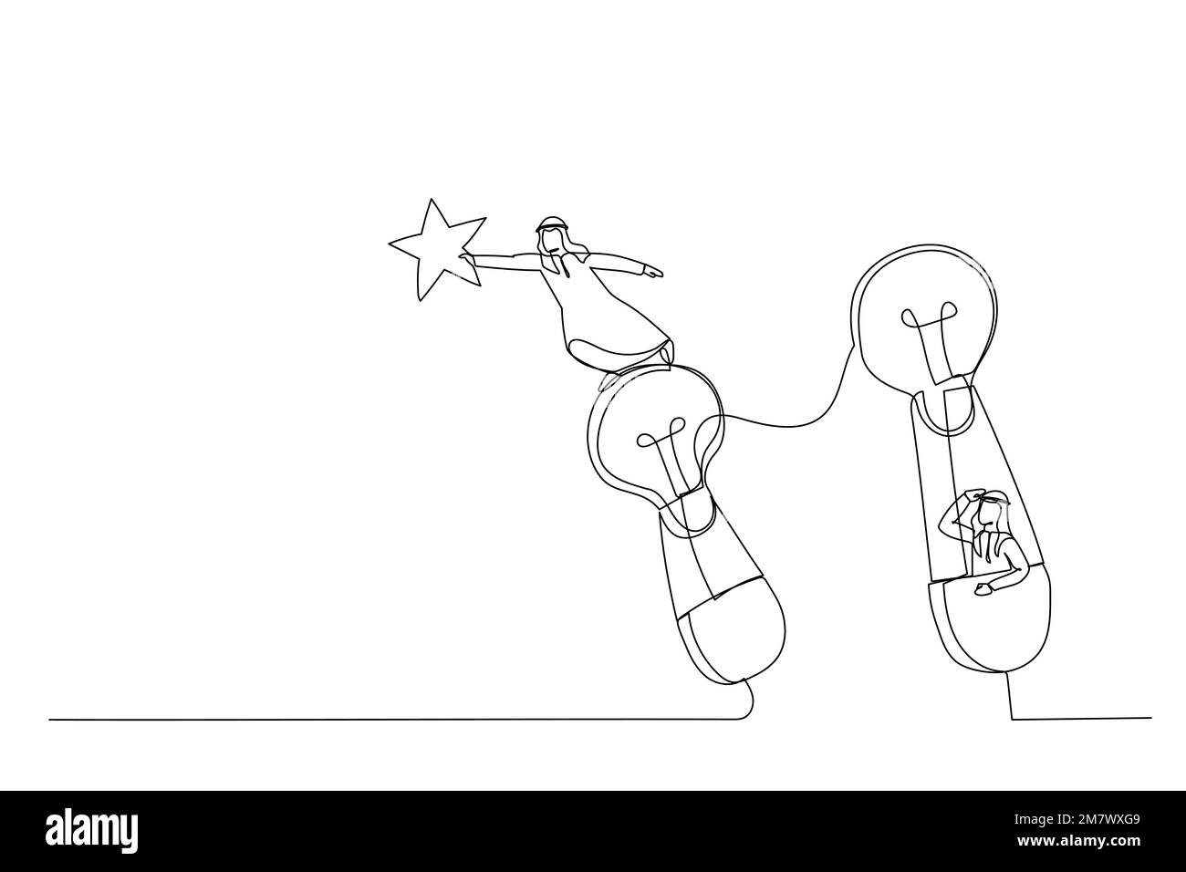 Illustration d'un homme d'affaires arabe sur des ballons d'air chaud volant vers le haut de l'étoile. Métaphore de la créativité. Dessin au trait continu Illustration de Vecteur