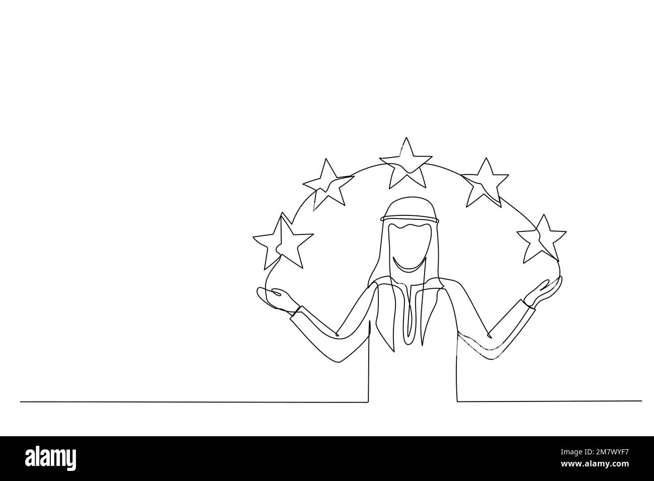 L'illustration de l'homme d'affaires arabe montre les étoiles. Métaphore pour un bon avis du client. Style de dessin au trait continu unique Illustration de Vecteur