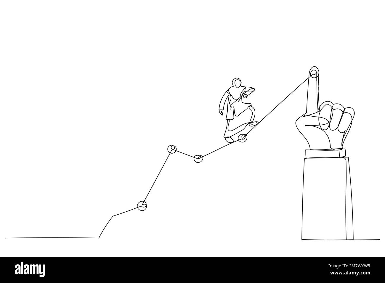 Dessin animé d'une femme d'affaires musulmane en montée sur une ligne graphique pointée par une main géante. Un style d'art sur une ligne Illustration de Vecteur Dessin animé d'une femme d'affaires musulmane en montée sur une ligne graphique pointée par une main géante. Un style d'art sur une ligne Illustration de Vecteur