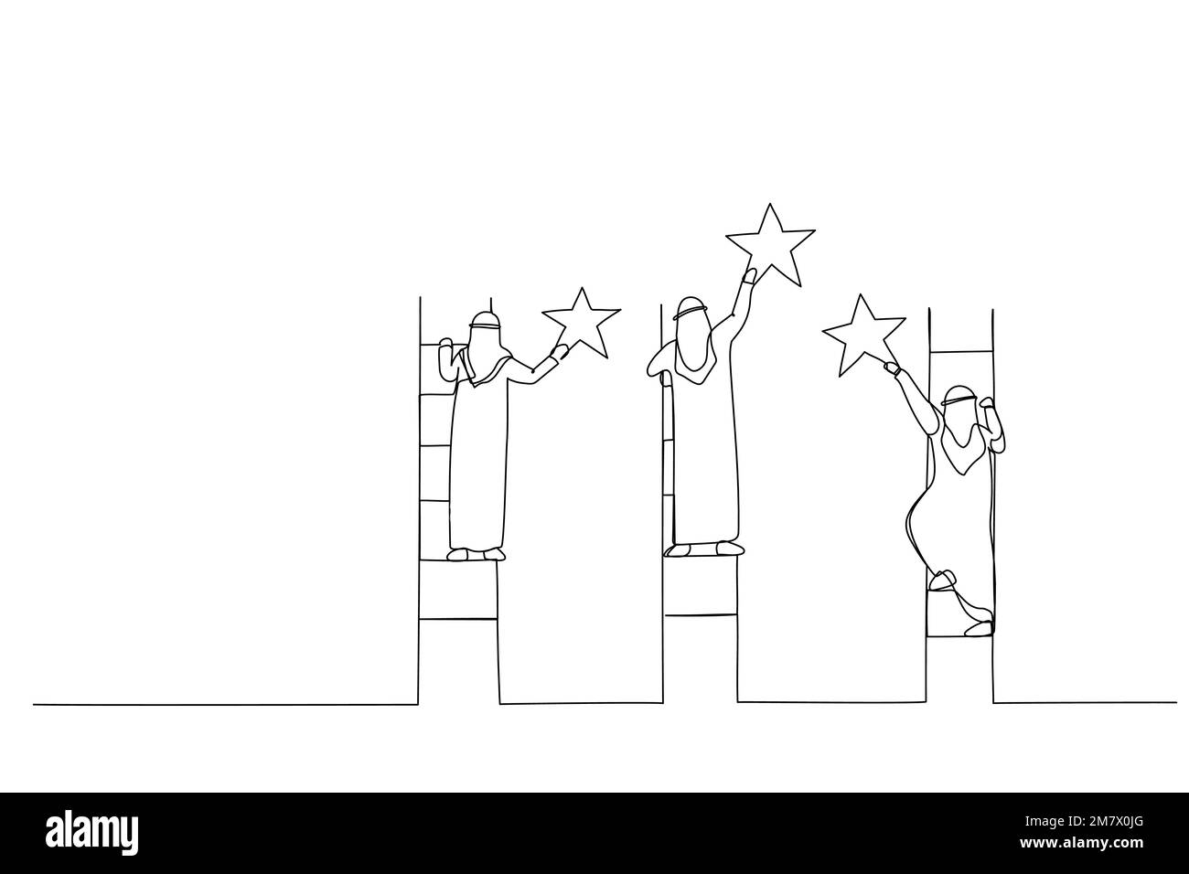 Dessin animé de l'homme d'affaires arabe atteindre les étoiles avec des escaliers sur les nuages. Style art sur une seule ligne Illustration de Vecteur