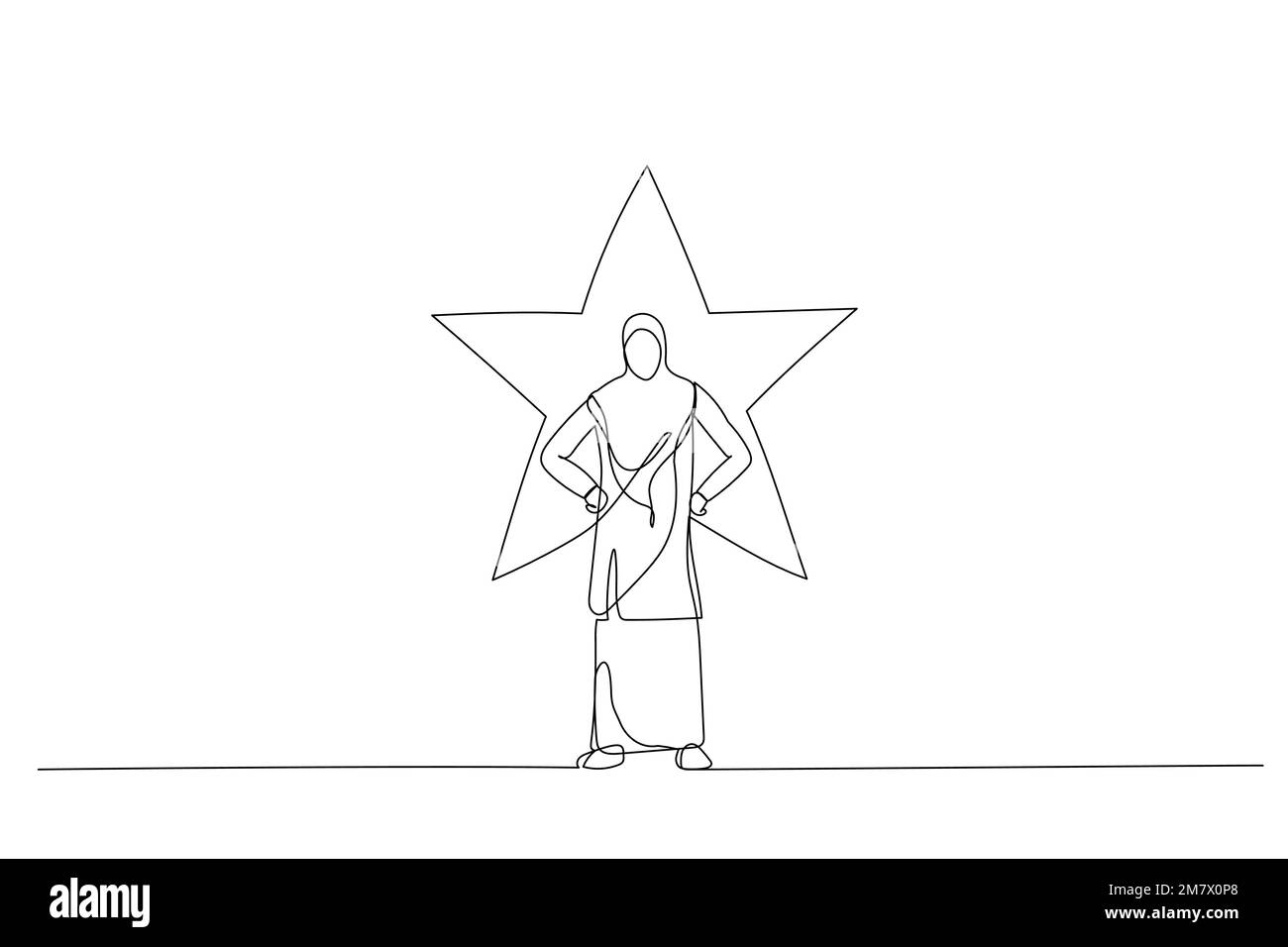 Caricature d'une femme musulmane debout avec une étoile brillante sur son fond. Style art sur une seule ligne Illustration de Vecteur