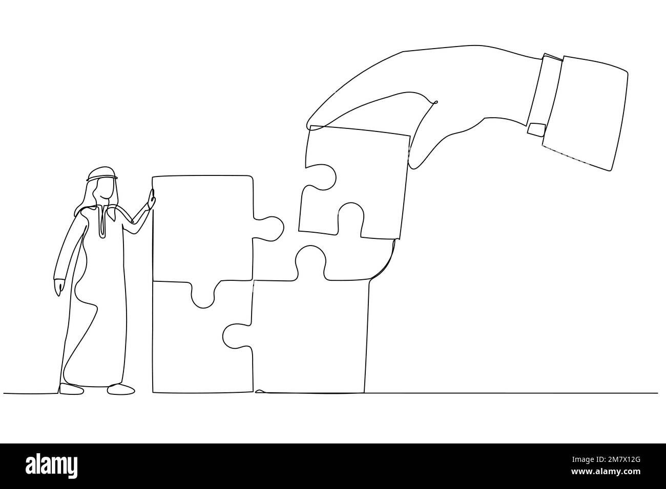Dessin d'une main géante reliant le dernier puzzle à un travailleur arabe de bureau. Métaphore pour le renforcement d'équipe, le leadership, le travail d'équipe, le partenaire d'affaires. Lin. Simple Illustration de Vecteur