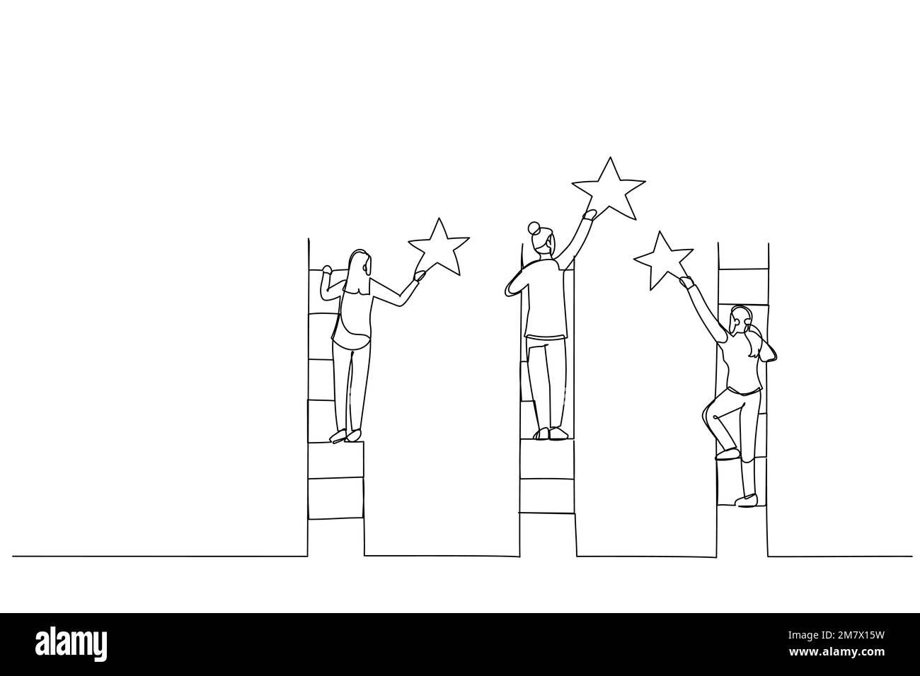 Illustration d'une femme d'affaires atteint des étoiles avec des escaliers sur les nuages. Un style d'art sur une ligne Illustration de Vecteur