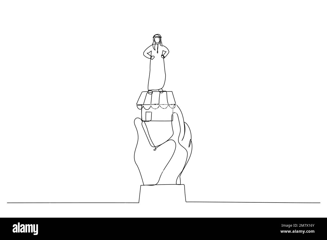 Caricature du succès homme d'affaires arabe portant le drapeau du gagnant sur un petit magasin de main géante. Métaphore de l'idée de petite entreprise, entrepreneur réussi. Conti Illustration de Vecteur