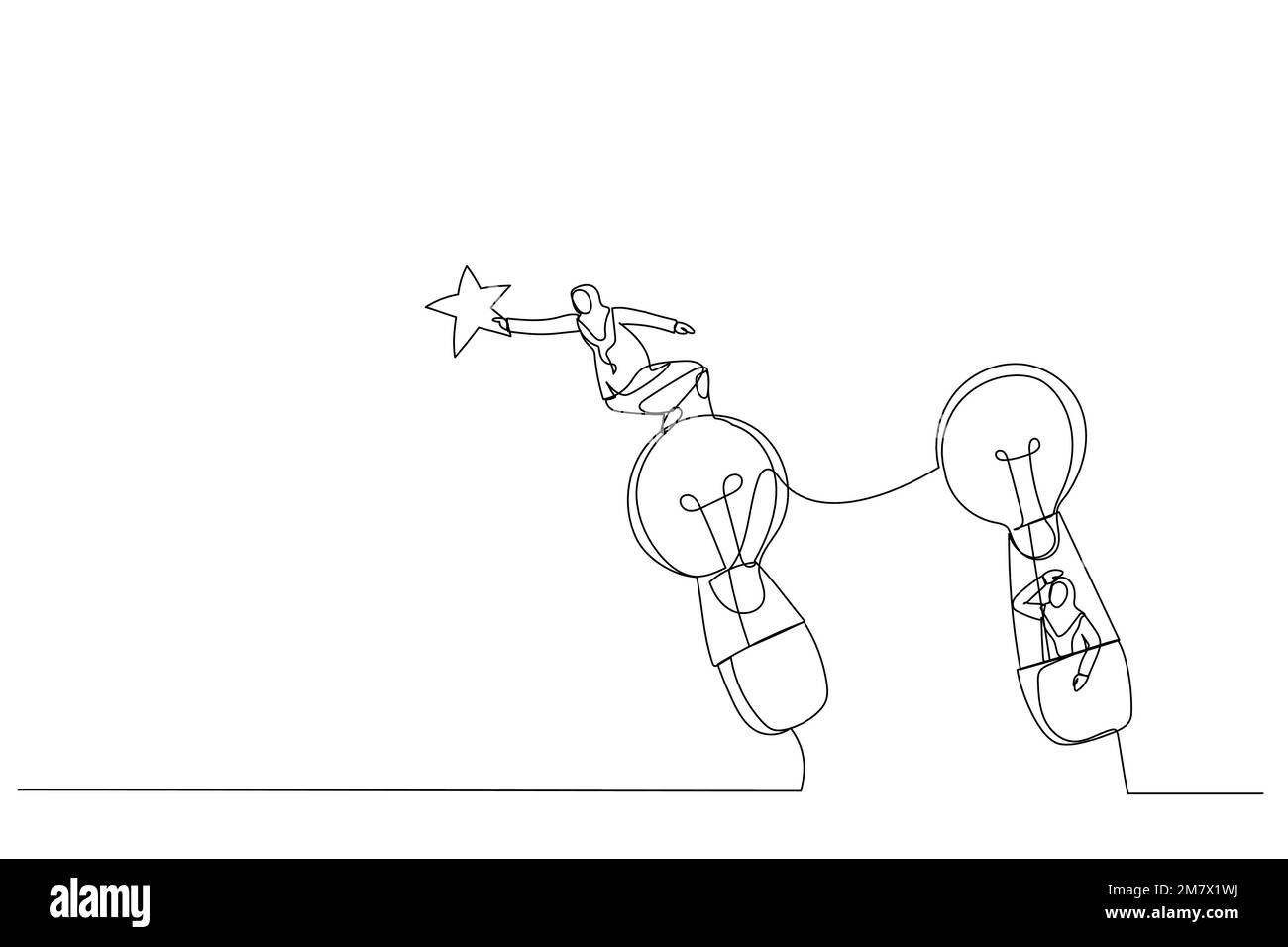 Illustration d'une femme musulmane sur des ballons d'air chaud volant vers le haut à l'étoile. Métaphore de la créativité. Style de dessin au trait continu unique Illustration de Vecteur