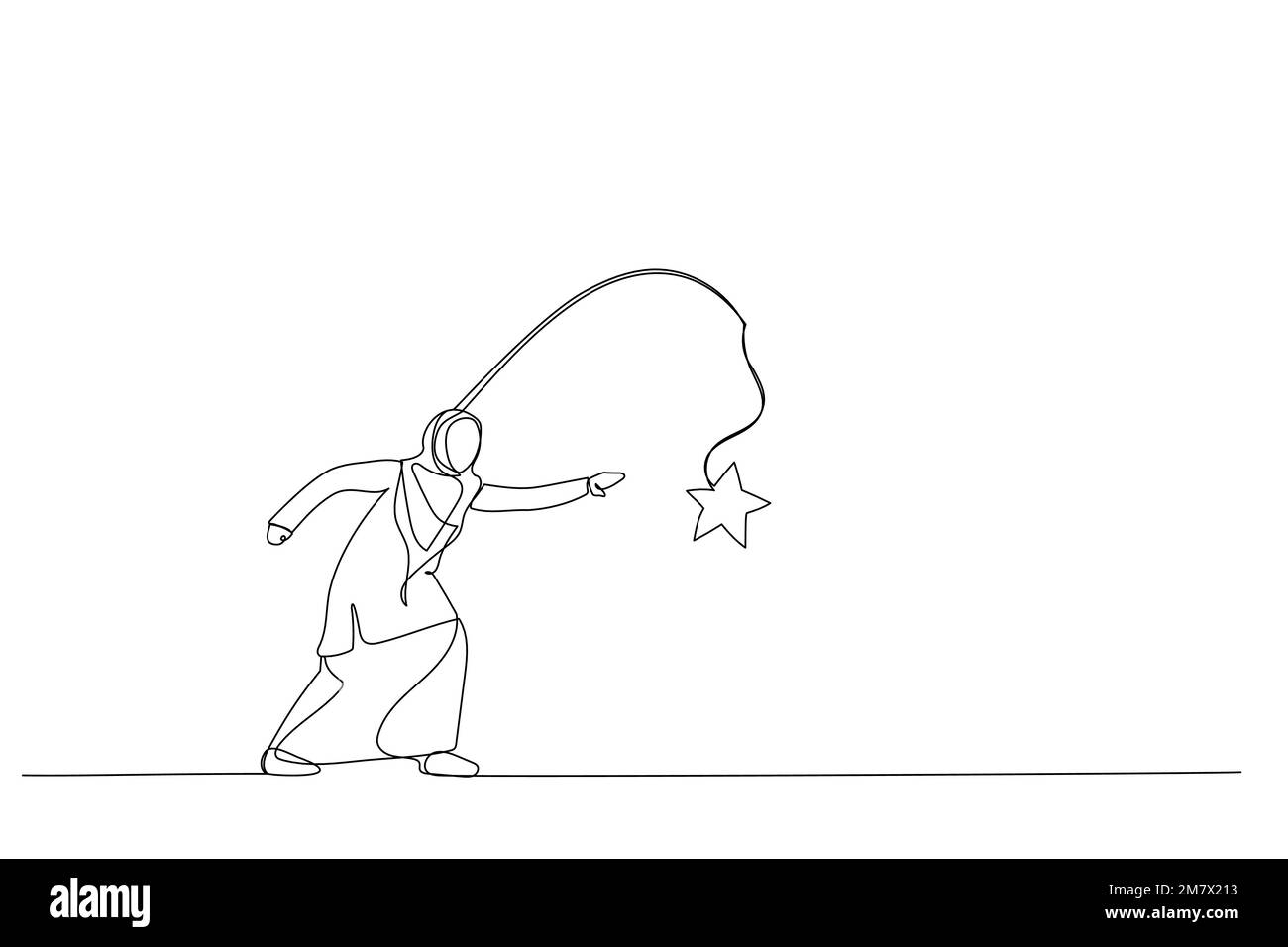 Dessin d'une femme musulmane qui court avec un bâton de carotte essayant d'obtenir le prix de star. Métaphore de l'incitation. Dessin au trait continu Illustration de Vecteur