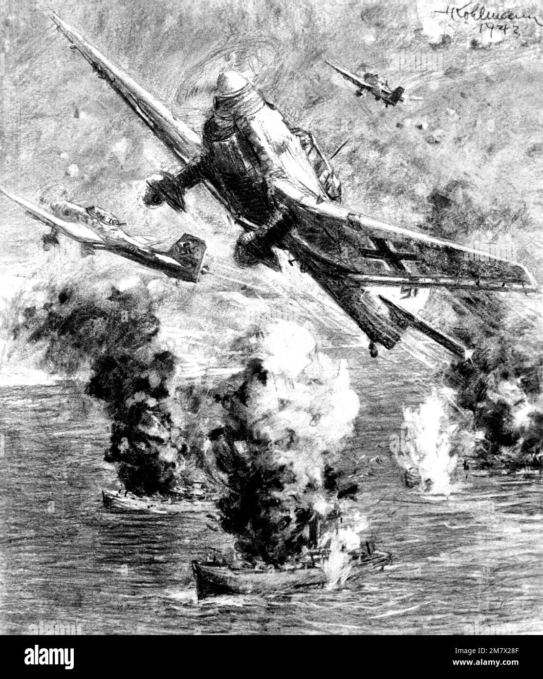 Illustration: 'Stuka Attack on a Ship Convoy' artiste: Hermann Kohlmann. Pays : inconnu Banque D'Images