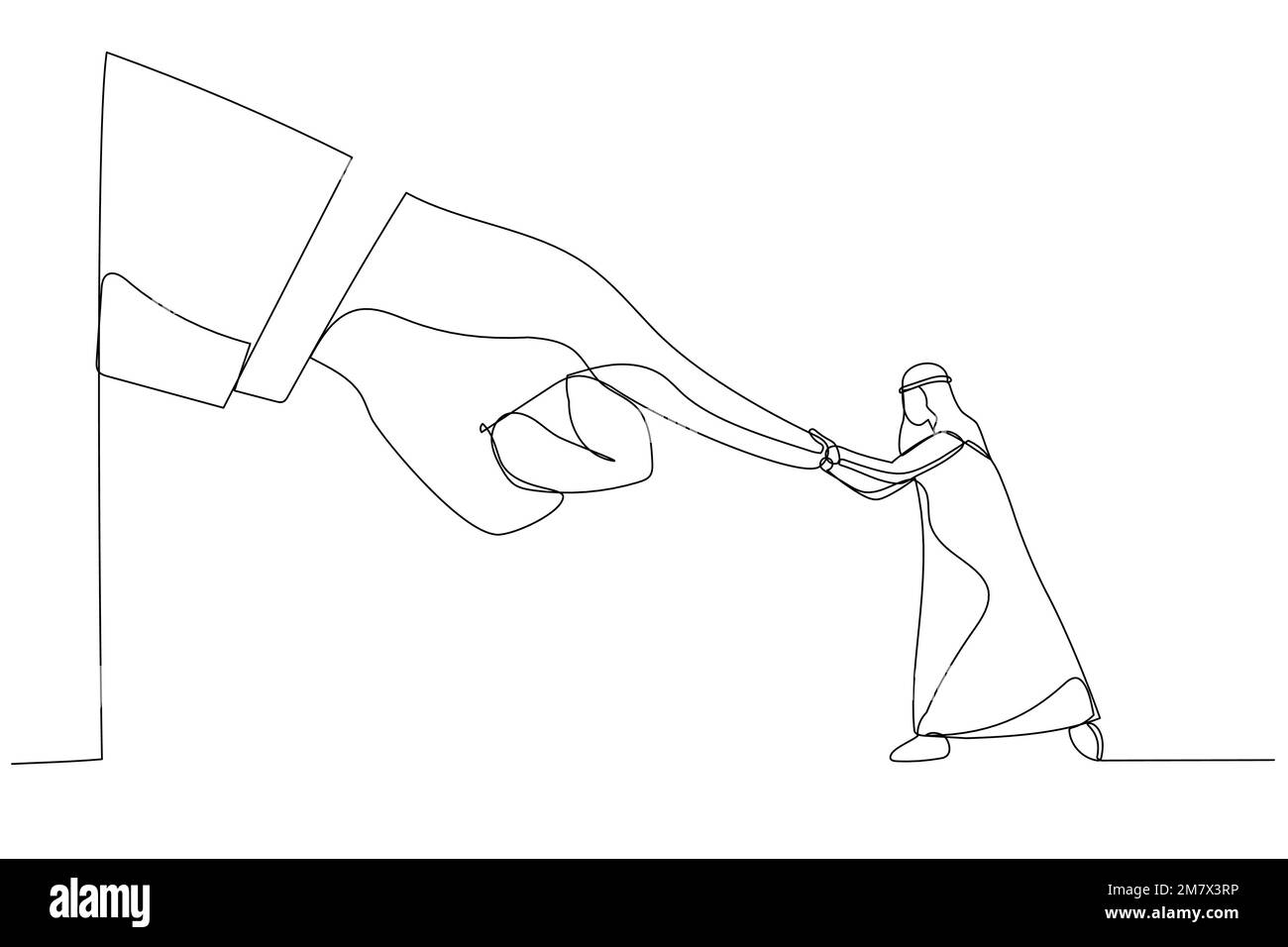 Illustration de la lutte des hommes d'affaires arabes et de continuer à pousser contre la main d'affaires géante. Métaphore du conflit contre le patron ou l'employeur. Styl. Art ligne unique Illustration de Vecteur