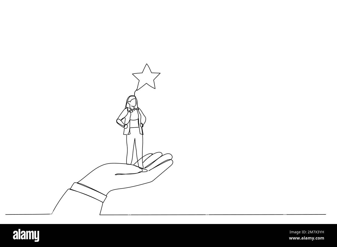 Illustration d'une main géante qui lève une femme d'affaires aux étoiles. Style de dessin au trait continu unique Illustration de Vecteur