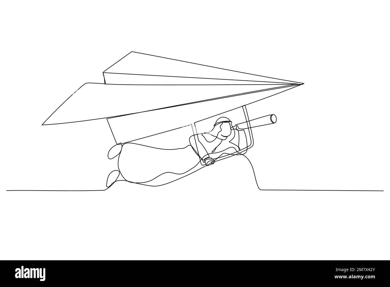 Dessin animé de l'homme d'affaires arabe volant avion de papier origami comme planeur avec le télescope pour voir l'avenir. Prévision future ou découvrir une nouvelle idée. Continue simple Illustration de Vecteur