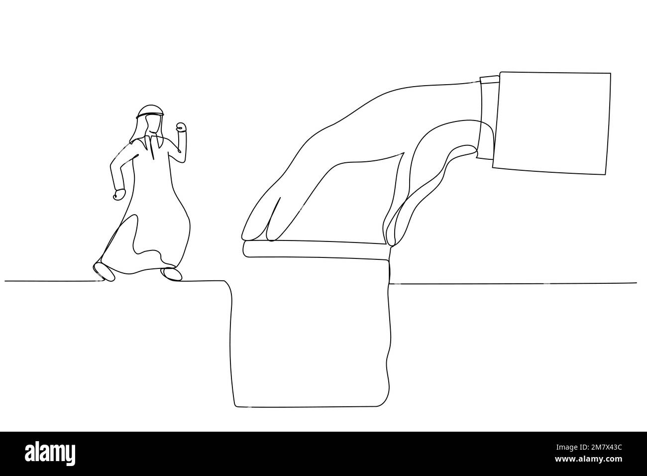 Le dessin d'une main géante de Manager aide à relier la pièce manquante comme pont pour les travailleurs arabes de traverser l'écart. Illustration de ligne continue unique Illustration de Vecteur