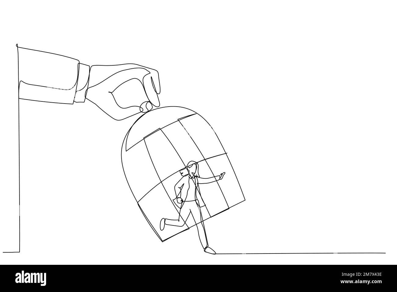 Dessin animé d'une main géante capturant une femme d'affaires en course à pied avec cage à oiseaux. Un style d'art sur une ligne Illustration de Vecteur Dessin animé d'une main géante capturant une femme d'affaires en course à pied avec cage à oiseaux. Un style d'art sur une ligne Illustration de Vecteur
