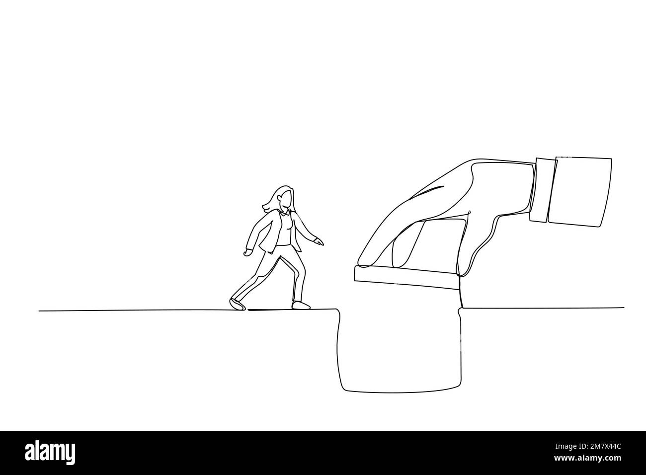 Dessin animé de la main géante du Manager aide à relier la pièce manquante comme le pont pour que la femme d'affaires travaille pour traverser l'écart. Un style de dessin au trait continu Illustration de Vecteur