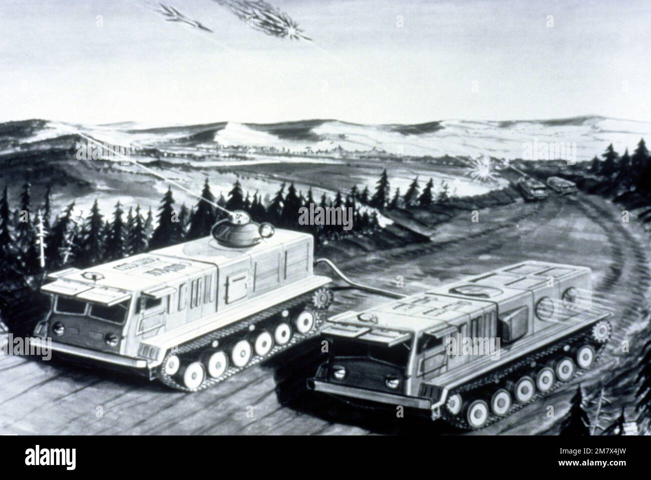 Un concept d'artiste des armes laser soviétiques de surface à air. PHOTO publiée avec l'aimable autorisation du magazine Soviet Military Power. Pays : inconnu Banque D'Images