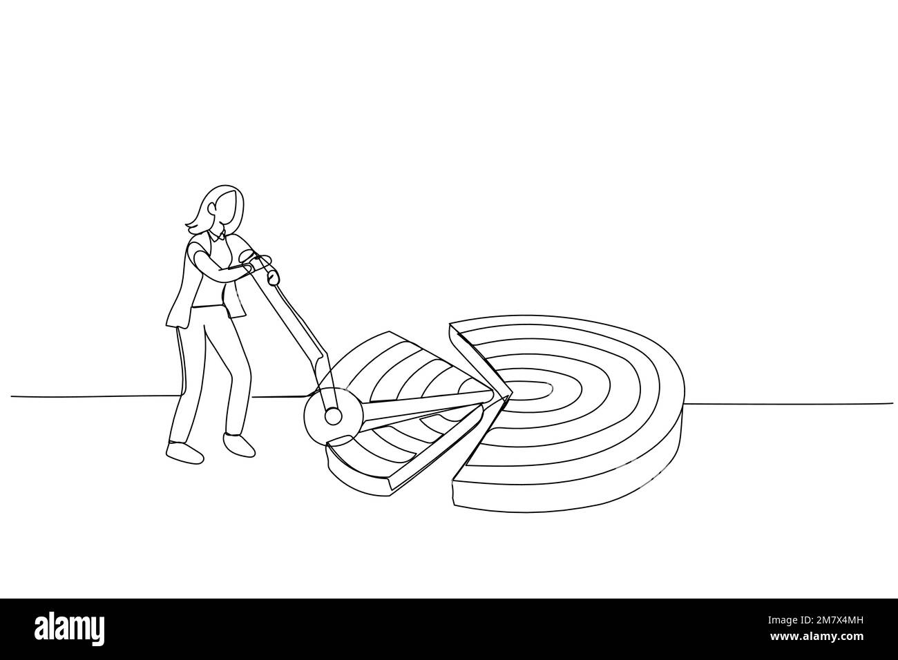 Illustration d'une femme d'affaires qui décomposent la cible du plan de travail en morceaux. Métaphore pour diviser un grand objectif en petits objectifs réalisables. Art simple ligne s Illustration de Vecteur