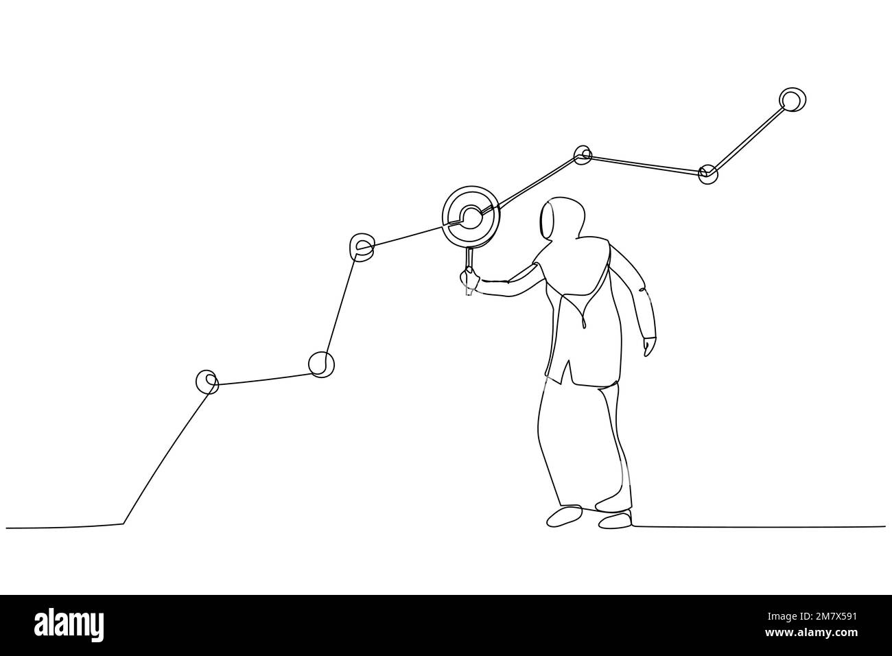 Illustration du marketing de femme d'affaires musulmane tenant une loupe analyse graphique et graphique des données client. Illustration de ligne continue unique Illustration de Vecteur