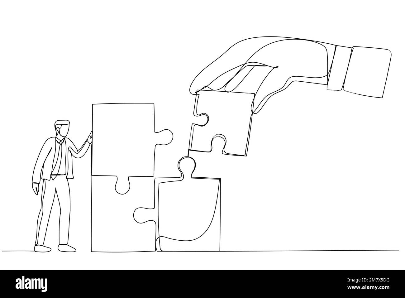 Dessin d'une main géante reliant le dernier puzzle à un homme d'affaires de bureau. Métaphore pour le renforcement d'équipe, le leadership, le travail d'équipe, le partenaire d'affaires. Péché Illustration de Vecteur