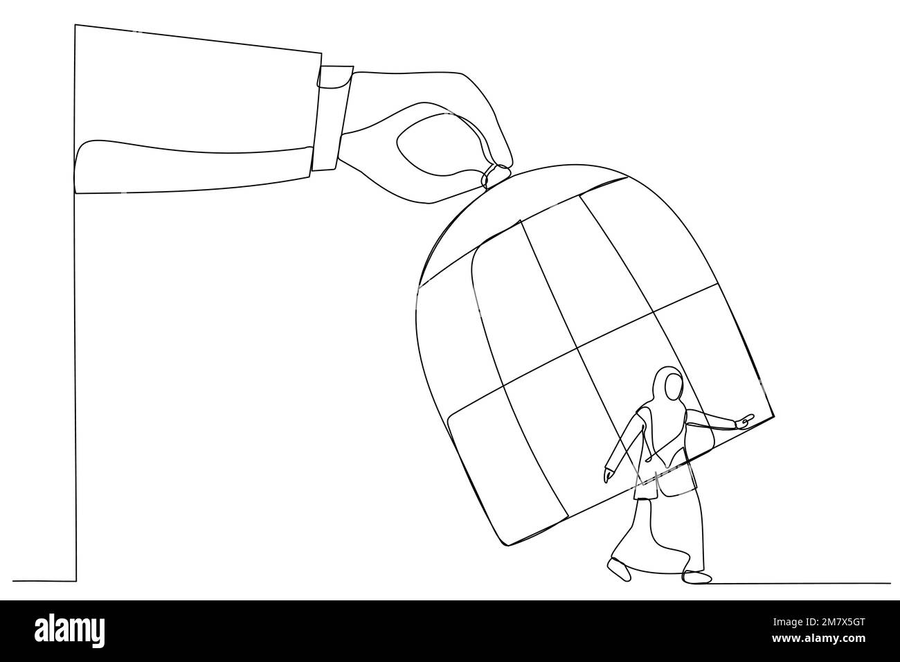 Dessin animé d'une main géante capturant une femme d'affaires musulmane en course à pied avec cage à oiseaux. Un style d'art sur une ligne Illustration de Vecteur Dessin animé d'une main géante capturant une femme d'affaires musulmane en course à pied avec cage à oiseaux. Un style d'art sur une ligne Illustration de Vecteur