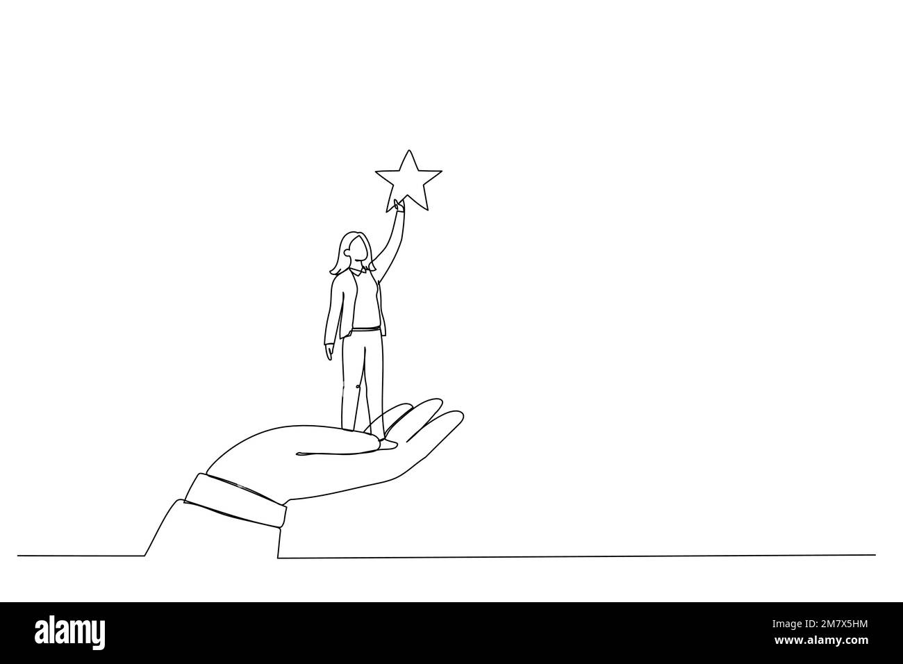 Dessin animé d'une main géante aidant une femme d'affaires à atteindre les étoiles. Un style d'art sur une ligne Illustration de Vecteur