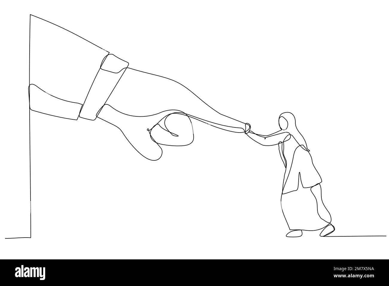 Dessin d'une femme avec hijab lutte et continuer à pousser contre la main d'affaires géante. Métaphore de conflit contre le patron ou l'employeur, david et goliath. Péché Illustration de Vecteur