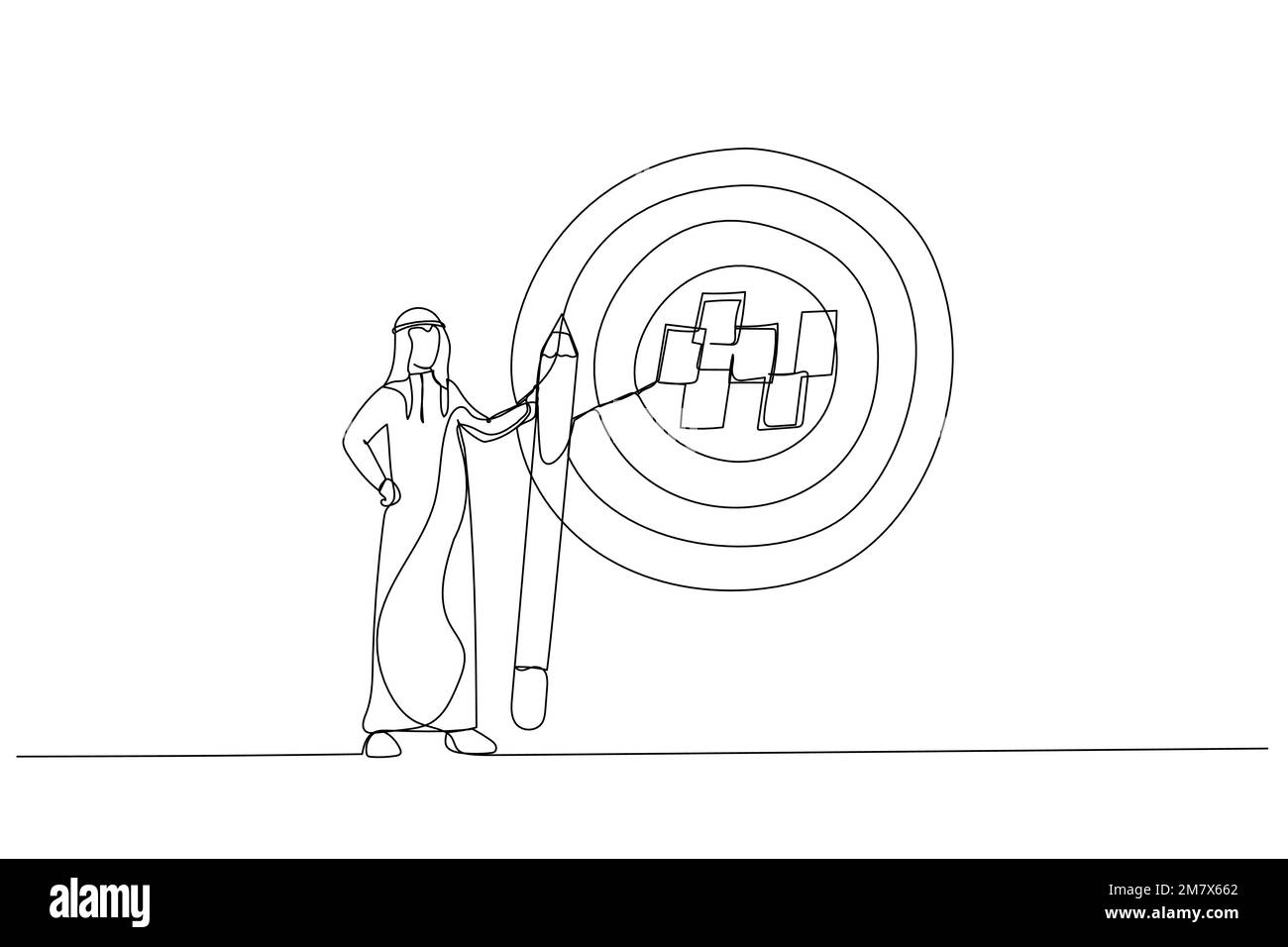Dessin d'homme d'affaires arabe écrire l'objectif sur les notes et mettre sur grand dartboard cible. Métaphore pour la définition des objectifs, la cible réalisable ou l'objet déterminé Illustration de Vecteur