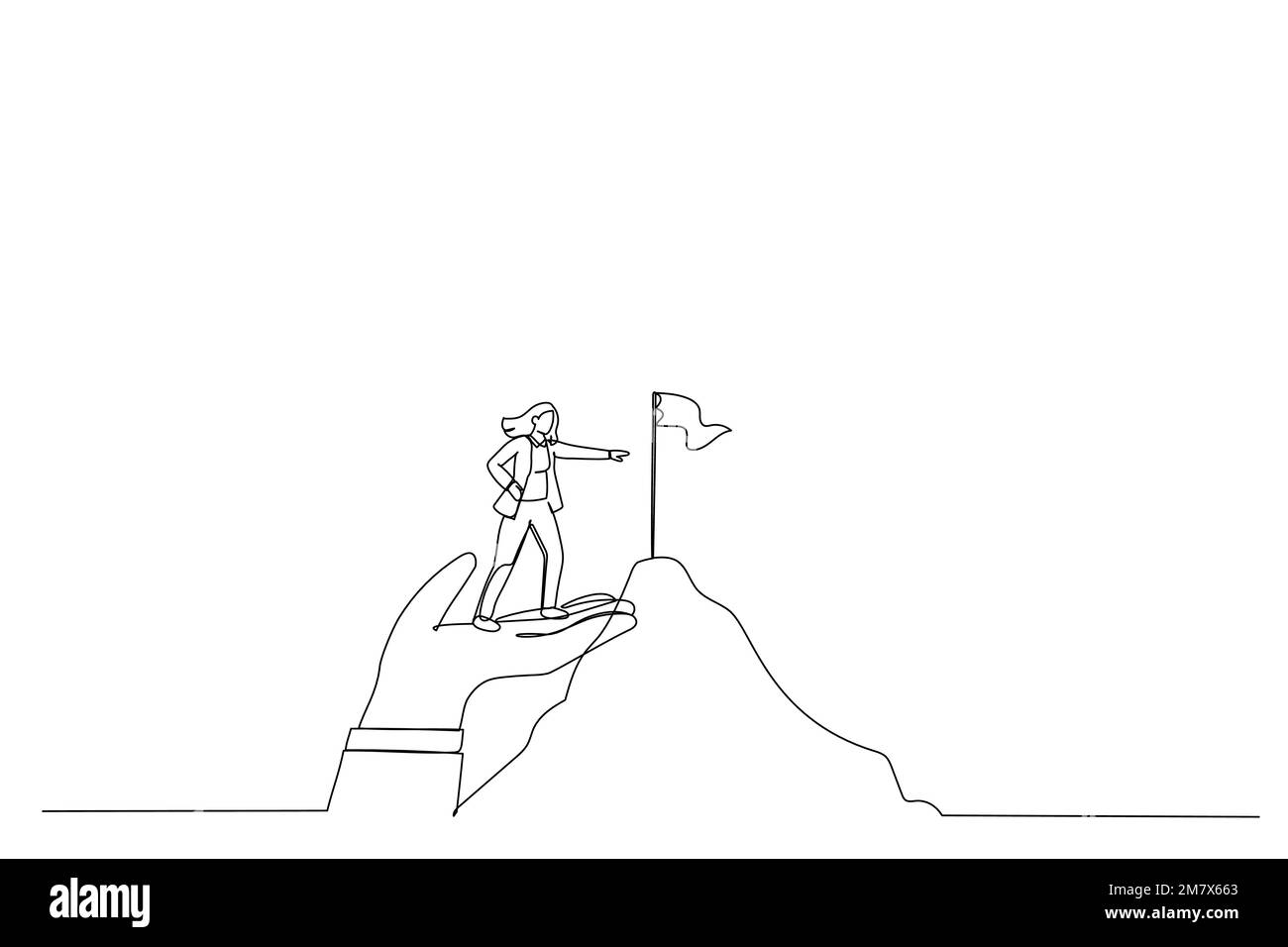 Dessin d'une femme d'affaires debout sur la main d'aide géante pour atteindre le drapeau cible de pic de montagne. Style de dessin au trait continu unique Illustration de Vecteur