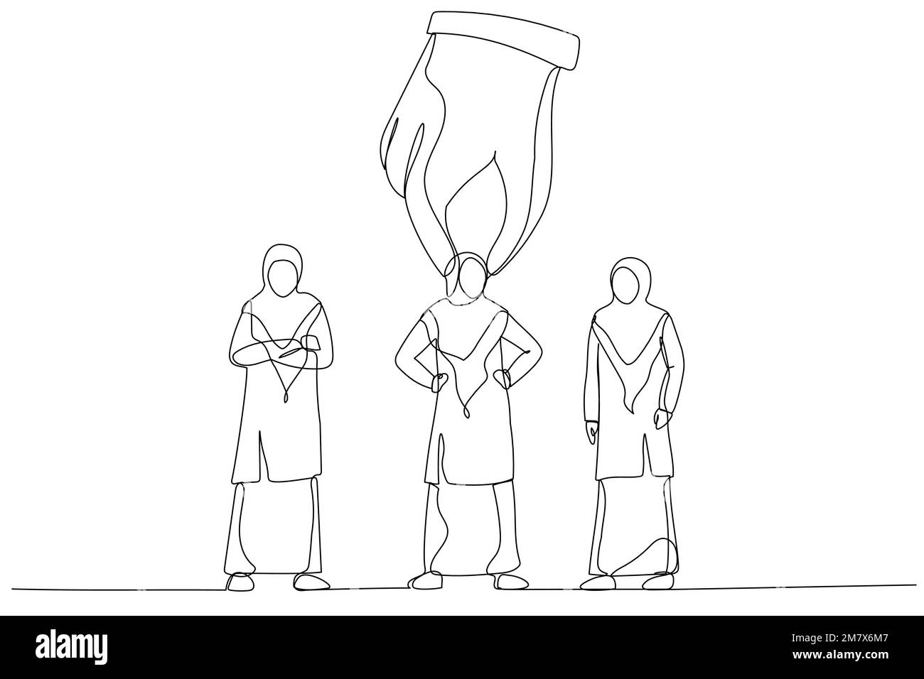 Illustration de la grande main de choisir et de ramasser femme d'affaires avec hijab. Style art sur une seule ligne Illustration de Vecteur