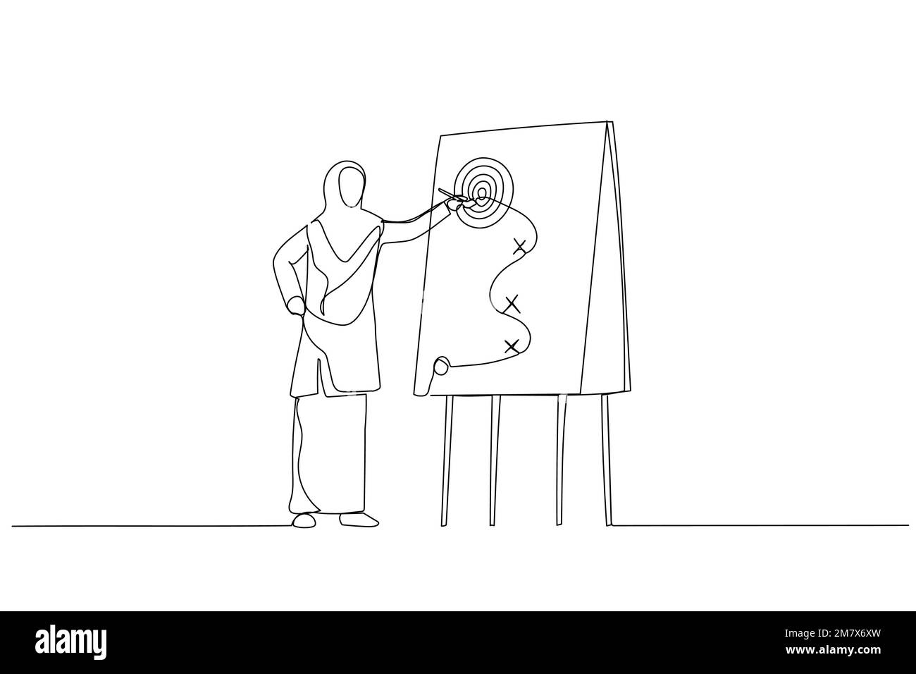 Dessin d'une femme d'affaires musulmane intelligente présentant une stratégie de gain d'affaires sur tableau blanc. Métaphore de la planification de la stratégie d'affaires. Dessin au trait continu Illustration de Vecteur