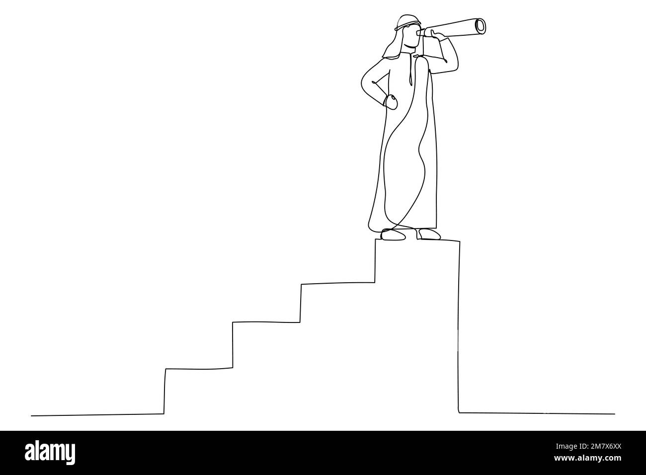 Illustration de l'homme d'affaires et du télescope arabes. Concept de vision en affaires , leadership de symbole, stratégie, mission, objectifs. Un art de style ligne Illustration de Vecteur