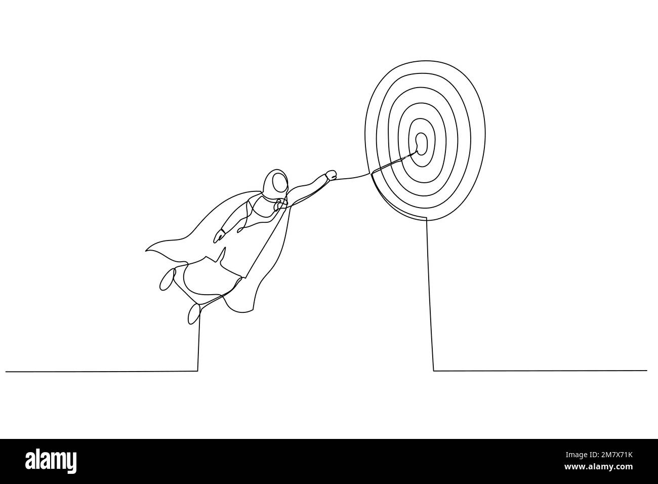 Caricature du super-héros d'entreprise musulman qui vole rapidement à travers la cible d'affaires. Métaphore pour la réalisation d'objectifs, le défi ou la mission. Un style d'art sur une ligne Illustration de Vecteur