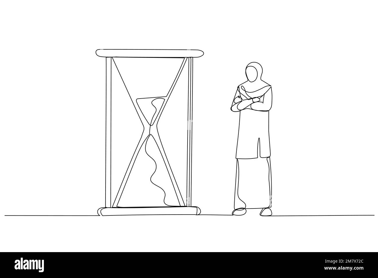 Dessin animé d'une femme d'affaires musulmane debout et regardant le sablier pendant que le temps passe. Concept de patience. Dessin au trait continu Illustration de Vecteur