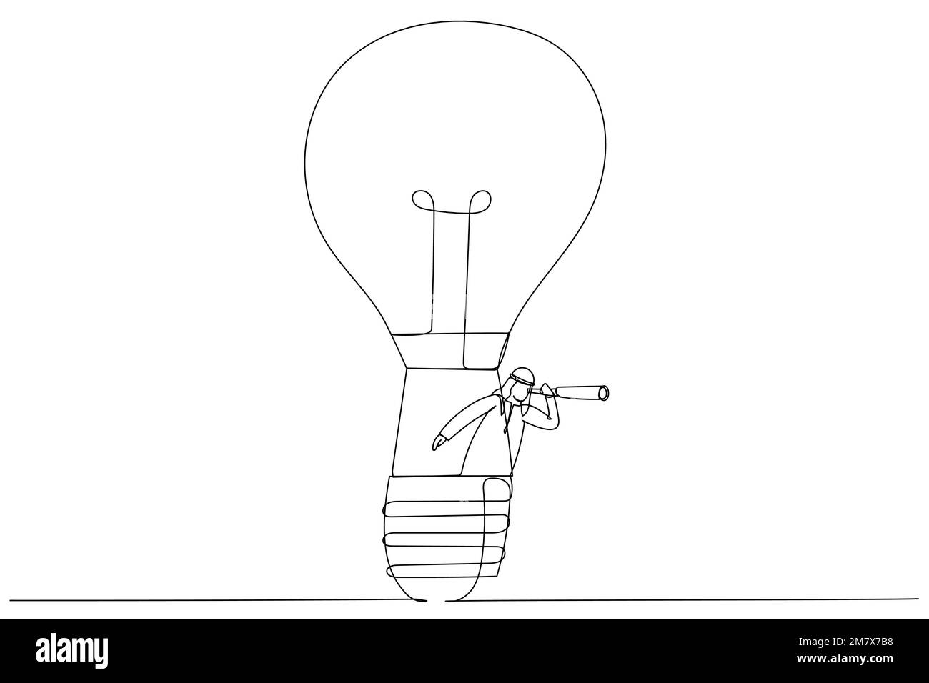 Dessin d'un homme d'affaires arabe à l'aide d'un ballon d'ampoule à l'aide d'un spyglass ou d'un télescope à la recherche d'une vision. Rechercher une nouvelle opportunité commerciale. Co. Unique Illustration de Vecteur