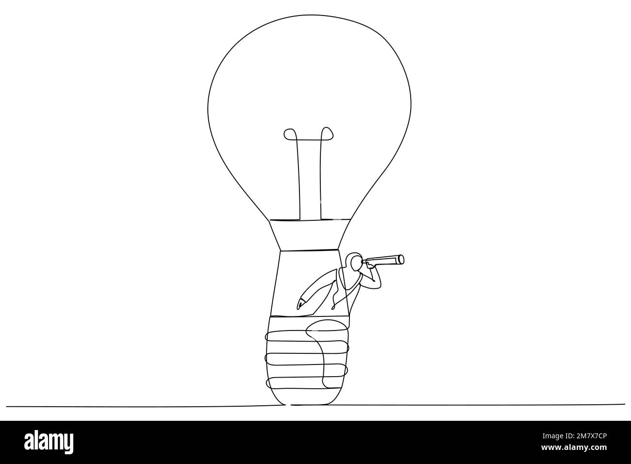 Dessin d'une femme d'affaires musulmane à la recherche d'une vision à l'aide d'un ballon à bulbe lumineux ou d'un télescope. Rechercher une nouvelle opportunité commerciale. Simple Illustration de Vecteur