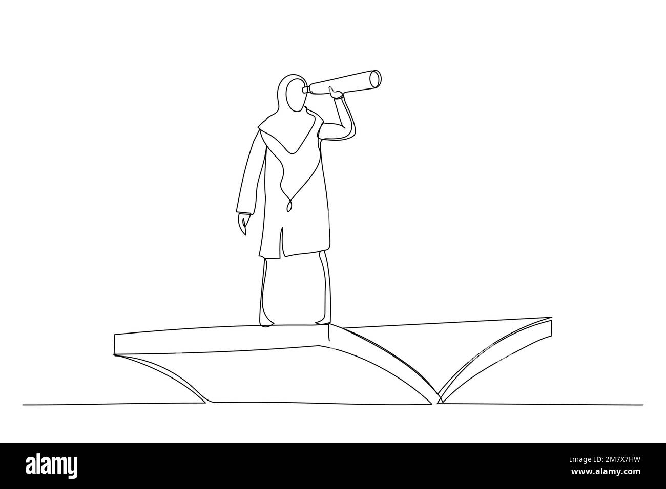 Dessin d'une femme d'affaires musulmane utilisant un télescope sur un livre volant. Connaissances, références, opportunités, vision en affaires. Style art sur une seule ligne Illustration de Vecteur