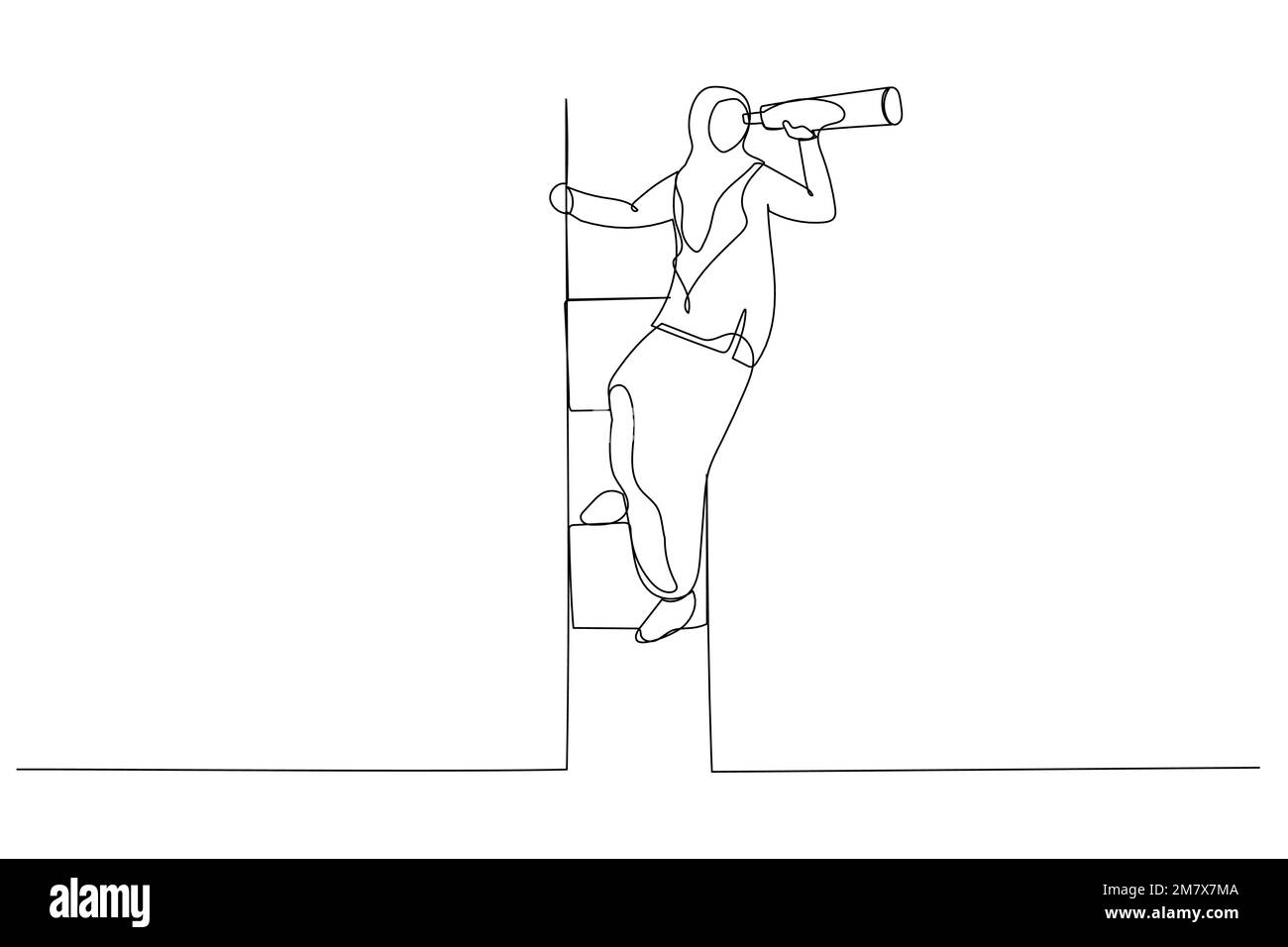Dessin animé d'une femme d'affaires musulmane tenant un télescope dans les escaliers regardant le succès et de nouveaux objectifs d'affaires. Dessin au trait continu Illustration de Vecteur