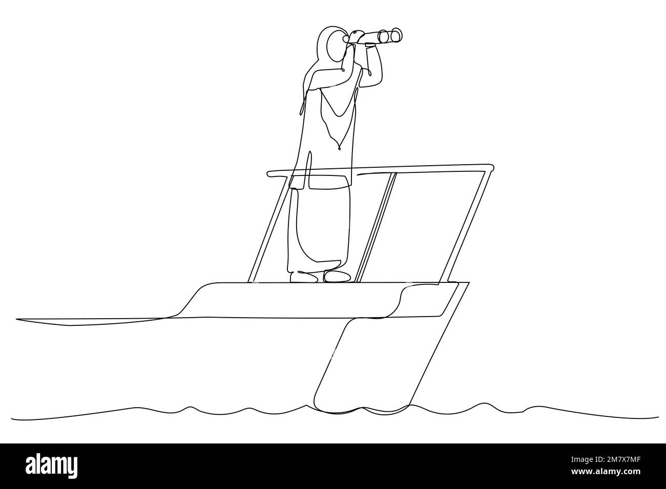 Dessin animé d'une femme d'affaires musulmane intelligente capitaine de bateau contrôle la barre de volant avec vision télescopique. Leadership commercial et visionnaire à la tête de compan Illustration de Vecteur