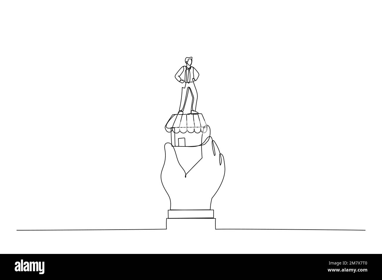 Dessin animé d'un homme d'affaires prospère tenant le drapeau du gagnant sur un petit magasin à main géante. Métaphore de l'idée de petite entreprise, entrepreneur réussi. Continu Illustration de Vecteur