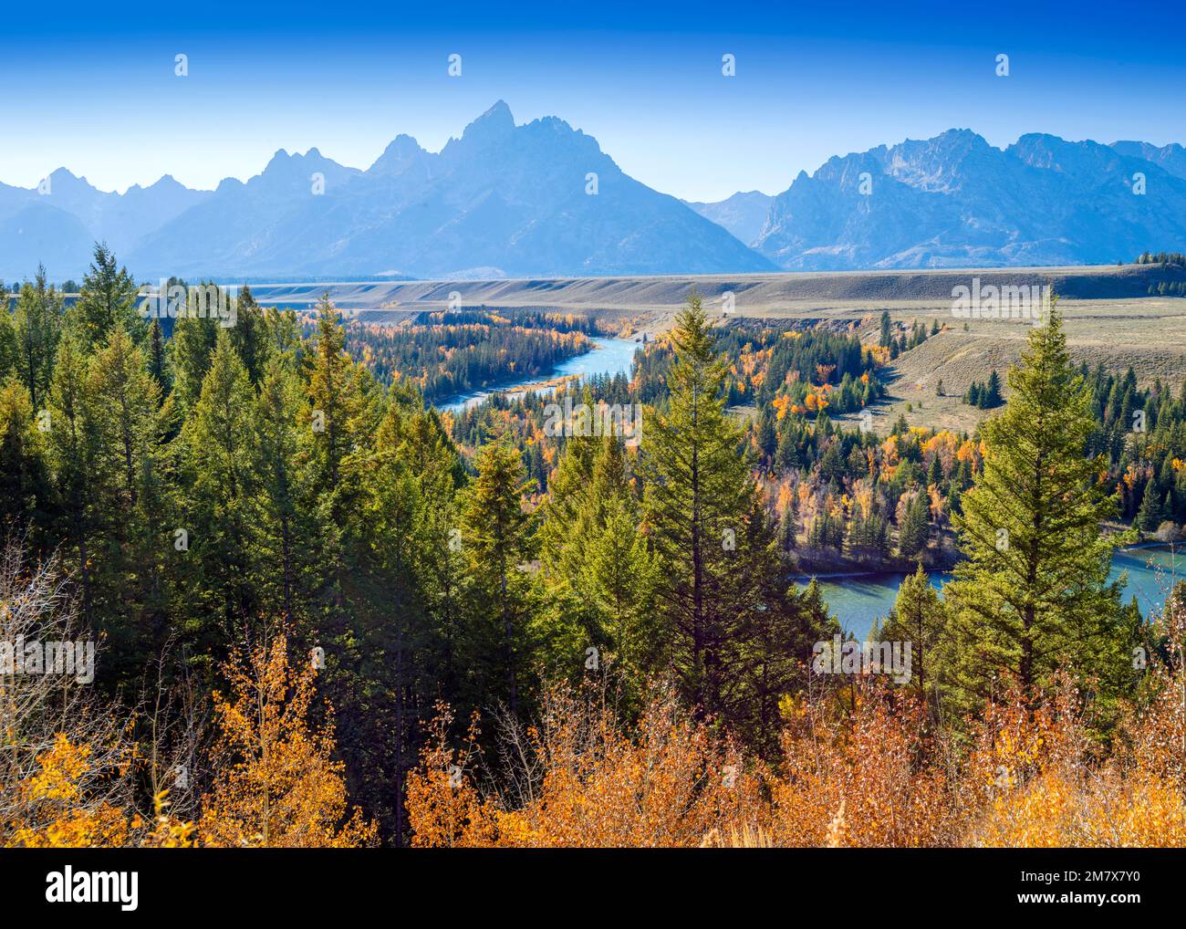 Vue sur la rivière Snake avec Grand Teton Mountain Range Grand Teton National Park à l'automne Wyoming, Amérique du Nord, États-Unis Banque D'Images