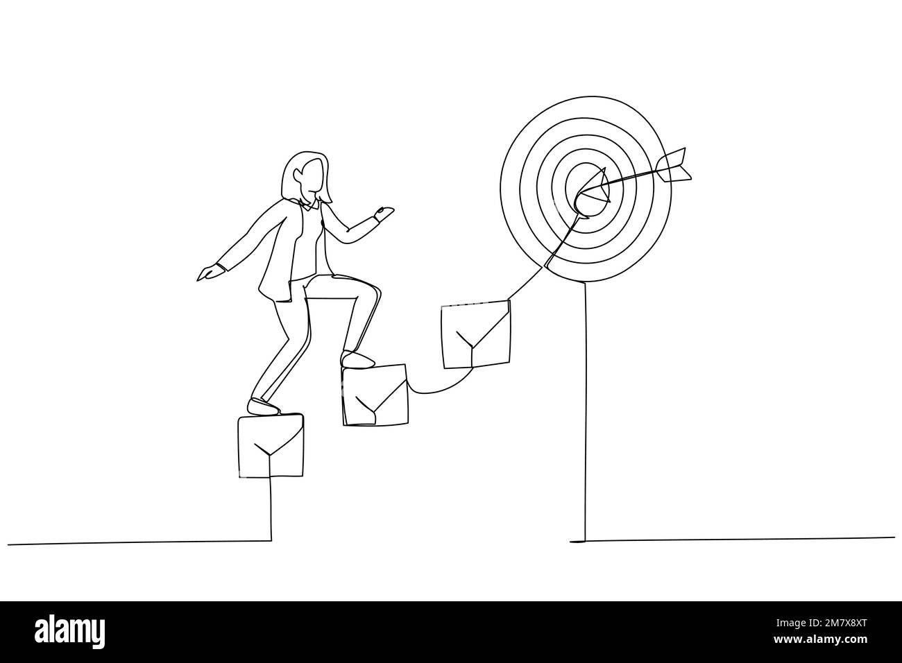 Illustration d'une femme d'affaires intelligente qui monte la liste de contrôle comme un escalier pour atteindre la cible. Métaphore du plan de développement personnel pour le succès de carrière. Simple Illustration de Vecteur