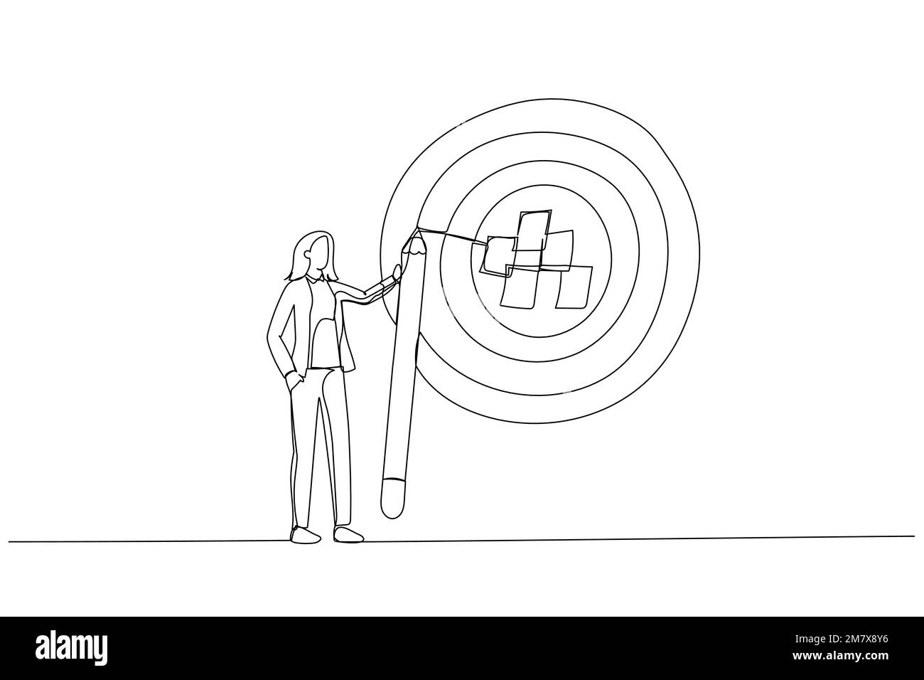 Dessin animé de femme d'affaires écrire le but sur les notes et mettre sur grand dartboard cible. Métaphore pour la définition des objectifs, la cible réalisable ou objectivé Illustration de Vecteur