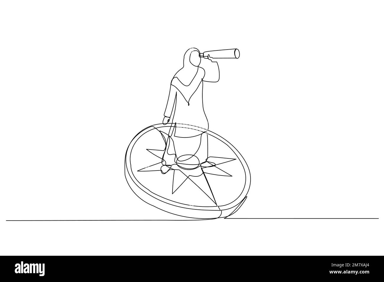 Dessin d'une femme d'affaires musulmane debout sur la boussole montrant la direction. Symbole de stratégie, vision future. Style art sur une seule ligne Illustration de Vecteur