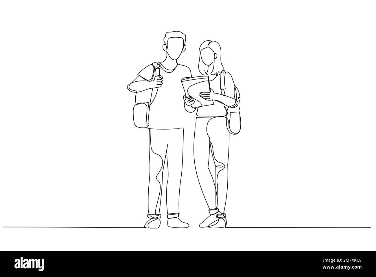 Illustration de deux étudiants avec une tablette et un sac à dos se posant ensemble. Style de dessin au trait continu unique Illustration de Vecteur