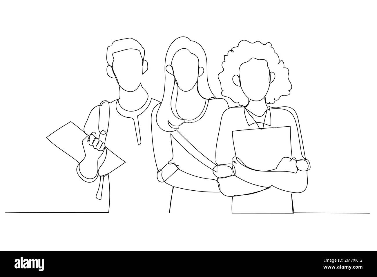 Dessin d'un groupe heureux d'étudiants tenant des cahiers debout et posant ensemble. Style de dessin au trait continu unique Illustration de Vecteur