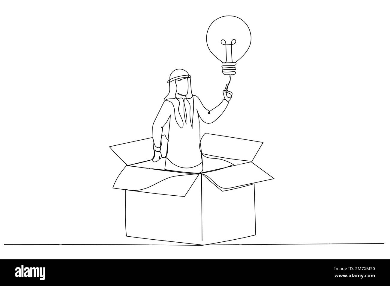Dessin d'homme d'affaires arabe sortez de boîte en papier avec une nouvelle idée d'ampoule d'éclairage. Pensez hors de la boîte. Dessin au trait continu Illustration de Vecteur