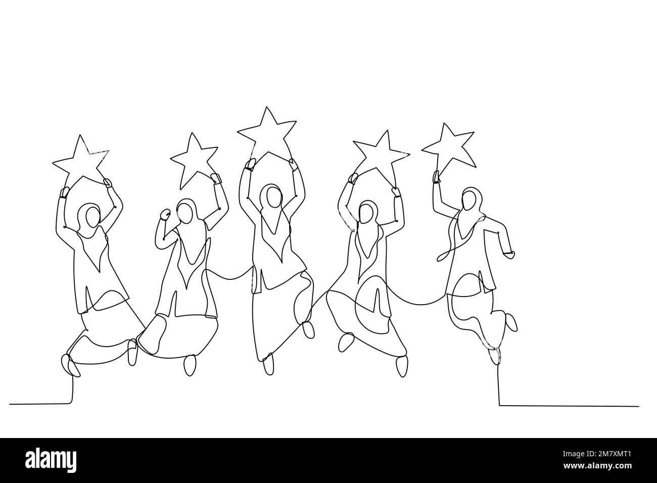 Dessin d'une femme musulmane sautant et tenant des étoiles de revue d'or. Métaphore de la notation d'entreprise. Illustration de ligne continue unique Illustration de Vecteur