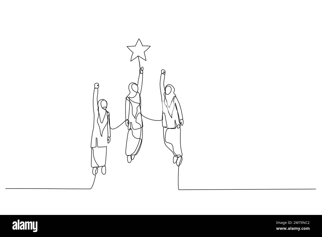 Caricature de femme musulmane équipe jusqu'aux étoiles. Métaphore pour gagner l'équipe d'affaires. Un style d'art sur une ligne Illustration de Vecteur