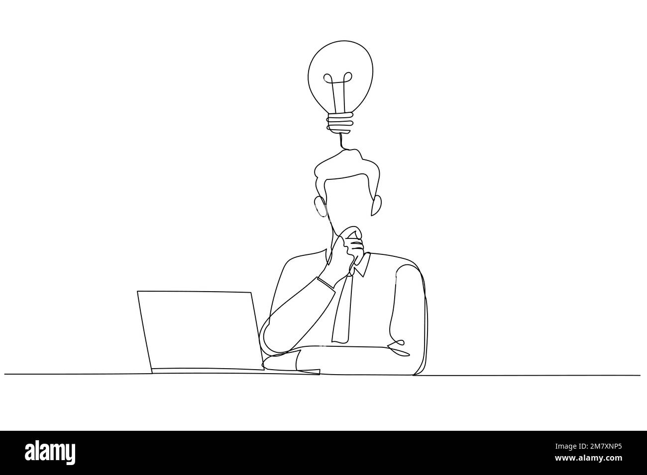 Caricature d'homme d'affaires réfléchis pensez à un projet en ligne qui regarde un ordinateur portable sur le lieu de travail. Un style d'art sur une ligne Illustration de Vecteur