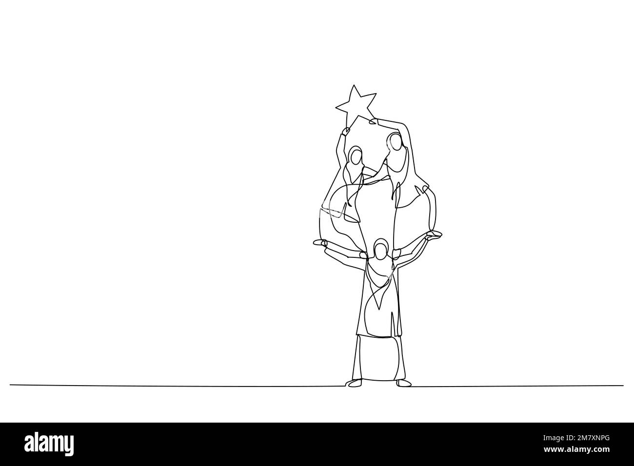 Caricature de femme musulmane aider et soutenir son équipe peut monter et atteindre l'étoile. Style art sur une seule ligne Illustration de Vecteur